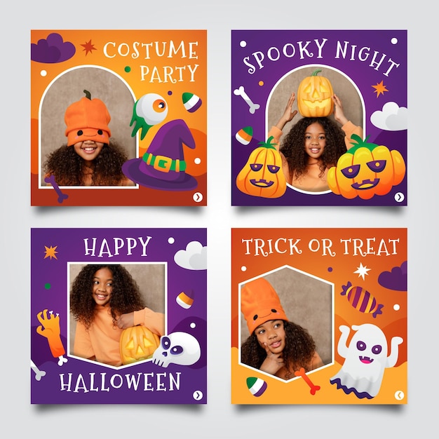 Free vector gradient halloween instagram posts collection