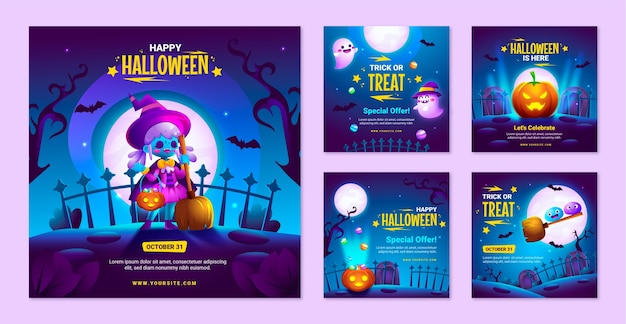 Free vector gradient halloween instagram posts collection