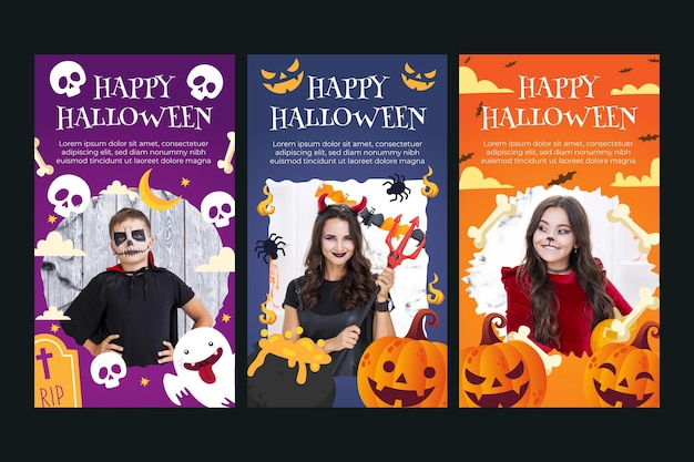 Free vector gradient halloween instagram stories collection with photo