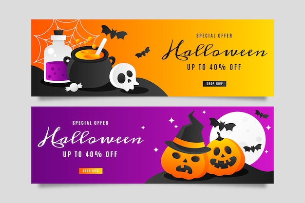 Set di banner orizzontali di vendita di halloween sfumato