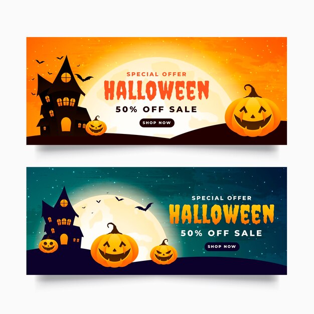 Vettore gratuito set di banner orizzontali di vendita di halloween sfumato