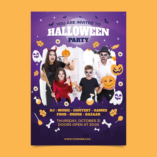 Free vector gradient halloween vertical party flyer template with photo