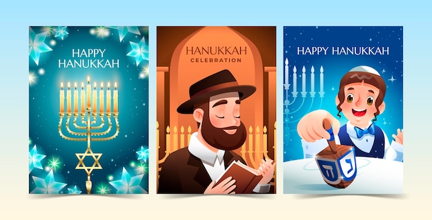 Vettore gratuito collezione di biglietti di auguri di hanukkah in gradiente