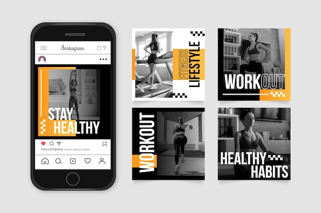 無料ベクター 写真付きのグラデーションの健康とフィットネスのinstagramの投稿コレクション