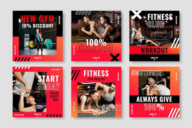 Free vector gradient health and fitness instagram posts collection with photo