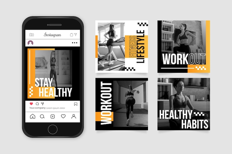 Free Vector gradient health and fitness instagram posts collection with photo