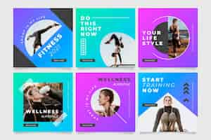 Free vector gradient health and fitness instagram posts collection with photo