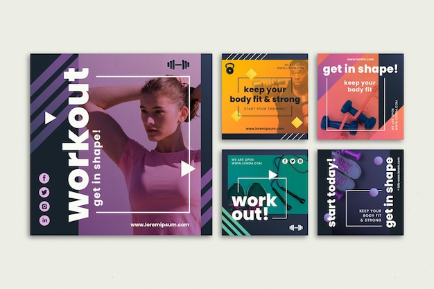 Free vector gradient health and fitness instagram posts collection