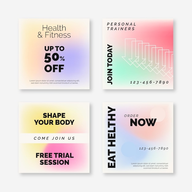 Free vector gradient health and fitness instagram posts collection