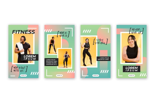 Free vector gradient health and fitness instagram stories collection with photo