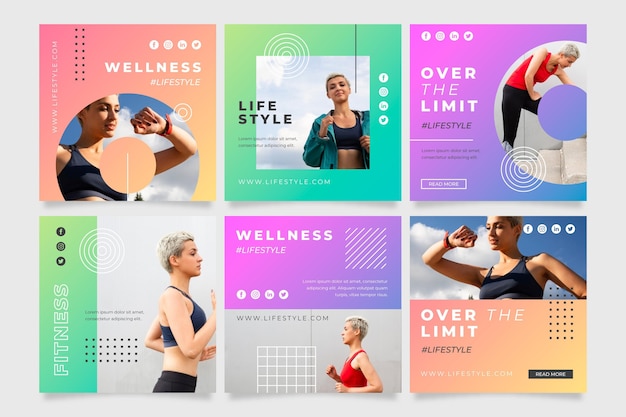 Gradient health and fitness post set Free Vector