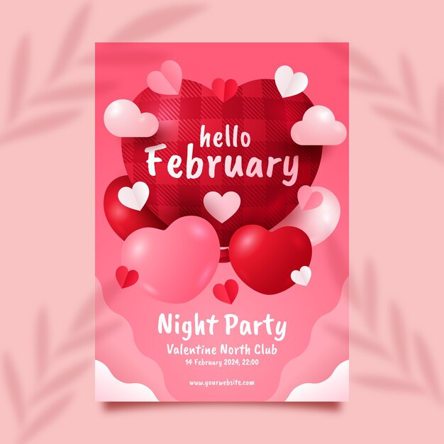 Gradient hello february vertical poster template