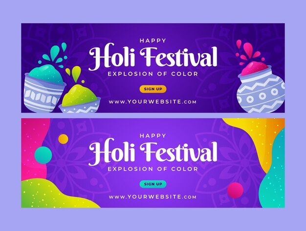 Gradient holi festival celebration horizontal banners set