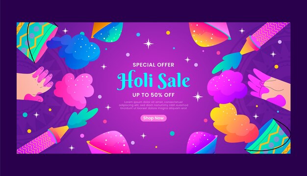 Gradient holi festival celebration horizontal sale banner template