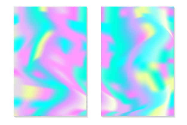 Градиентные фоны голограммы. набор красочных голографических плакатов в стиле ретро. яркая неоновая пастельная текстура. шаблон векторного градиента для флаера, баннера, мобильного экрана.