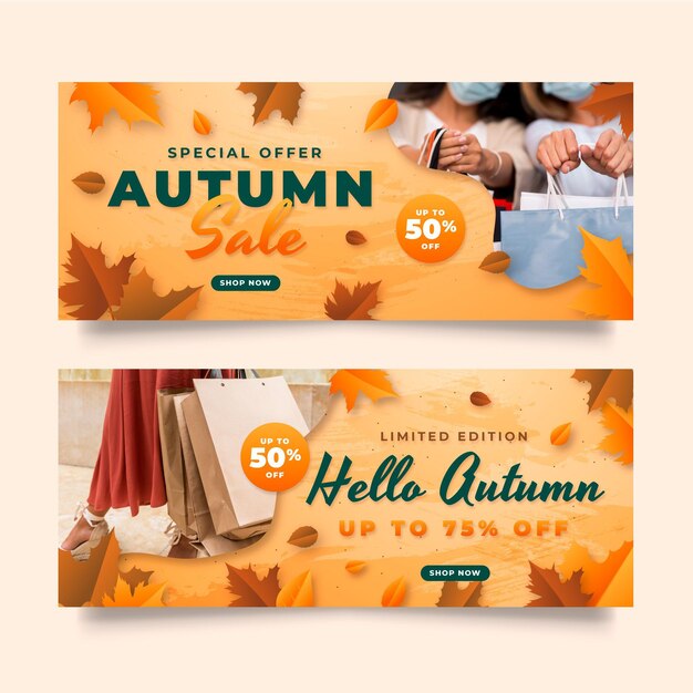 Free vector gradient horizontal autumn sale banners set with photo