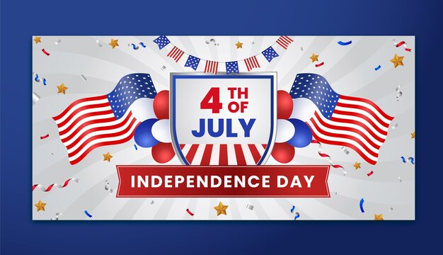 アメリカの 7 月 4 日のお祝いのためのグラデーション水平バナー テンプレート