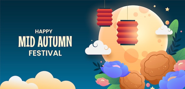 Free vector gradient horizontal banner template for chinese mid-autumn festival celebration