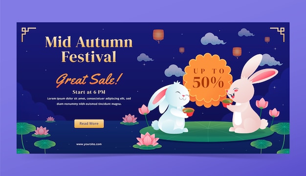 Free vector gradient horizontal banner template for chinese mid-autumn festival celebration