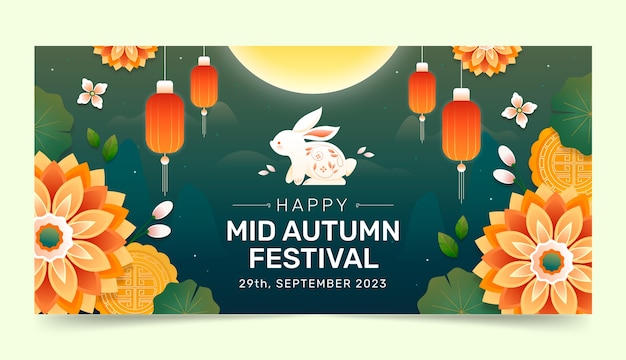 Free vector gradient horizontal banner template for chinese mid-autumn festival celebration