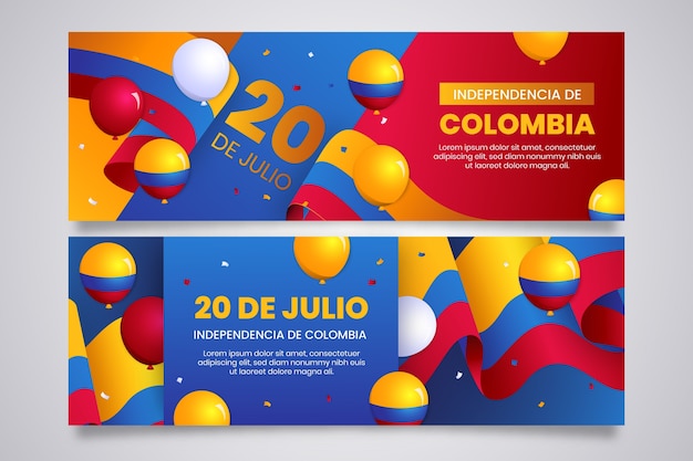 콜롬비아 독립 기념일 축하를 위한 그라데이션 가로 배너 서식 파일