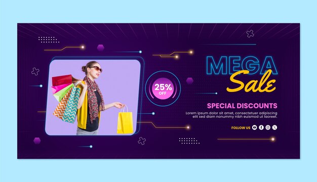 Gradient horizontal banner template for cyber monday sale