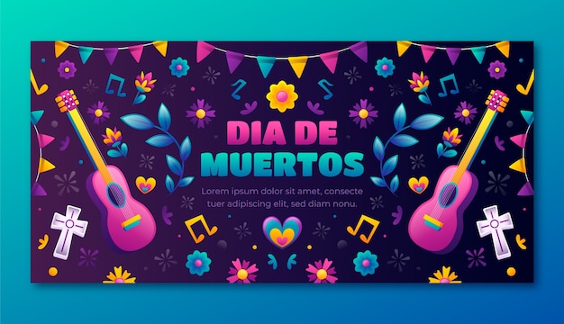 Vettore gratuito modello di banner orizzontale gradiente per la celebrazione del dia de muertos