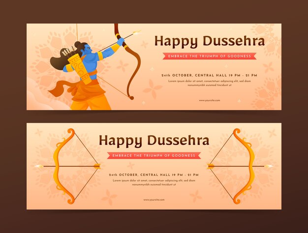 Vettore gratuito modello di banner orizzontale gradiente per la celebrazione della festa di dussehra