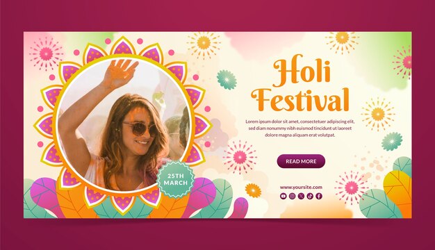Gradient horizontal banner template for holi festival celebration