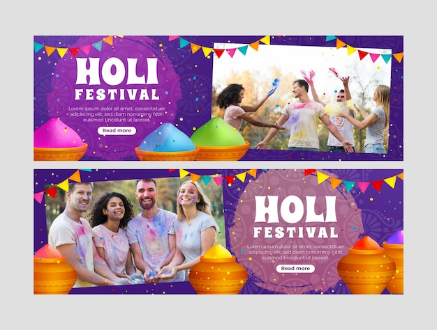 Gradient horizontal banner template for holi festival celebration