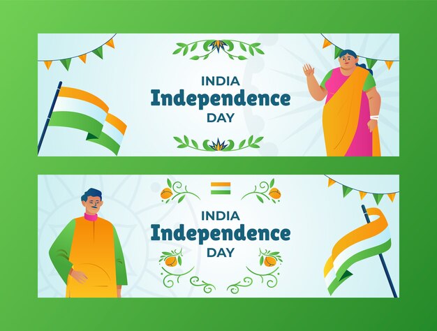 Free vector gradient horizontal banner template for india independence day celebration