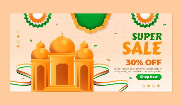 Free vector gradient horizontal banner template for india independence day celebration