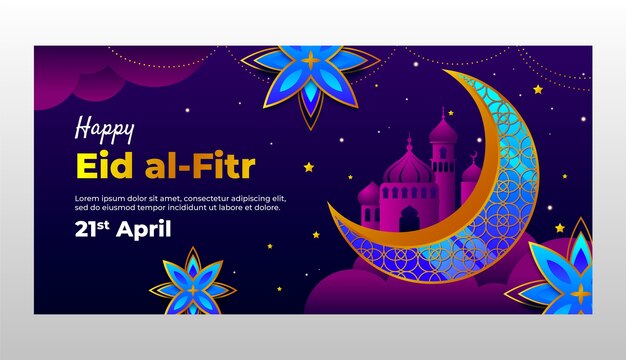 Vettore gratuito modello di banner orizzontale sfumato per la celebrazione islamica di eid al-fitr
