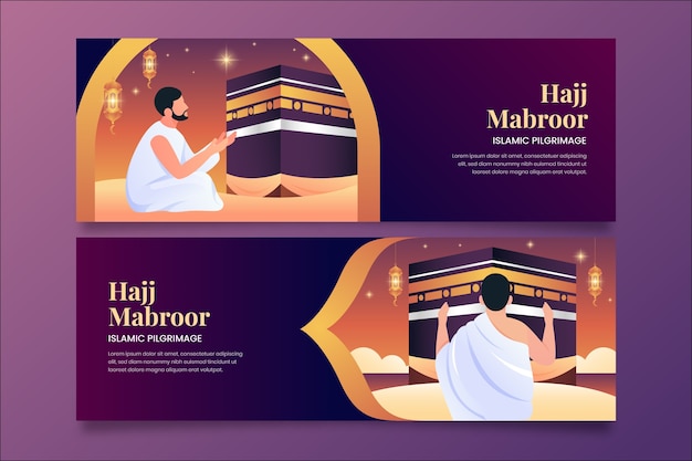 Free vector gradient horizontal banner template for islamic hajj pilgrimage