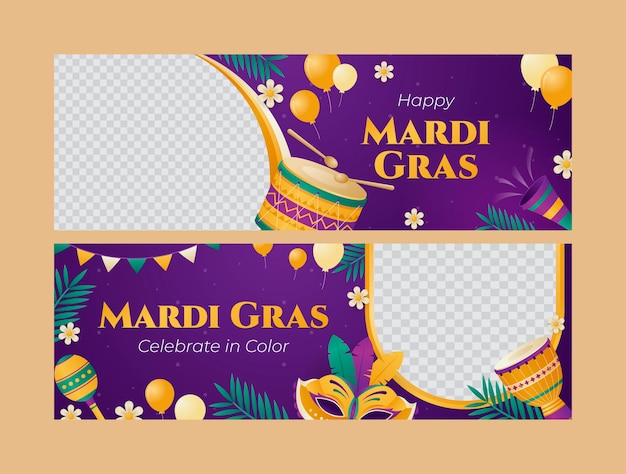 Free vector gradient horizontal banner template for mardi gras festival