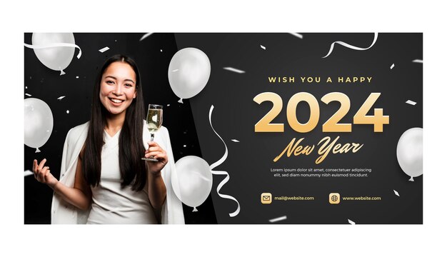 gradient horizontal banner template for new year 2024 with balloons and confetti