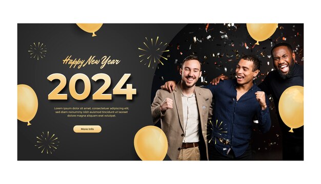 Gradient horizontal banner template for new year 2024 with balloons
