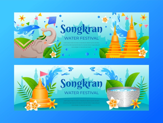 Vettore gratuito modello di banner orizzontale sfumato per la celebrazione del festival dell'acqua songkran