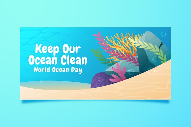 Vettore gratuito modello di banner orizzontale sfumato per la celebrazione della giornata mondiale degli oceani