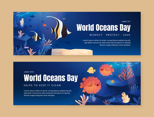 Gradient horizontal banner template for world oceans day with aquatic creatures
