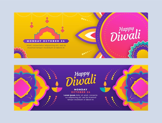 Free vector gradient horizontal banners set for diwali festival