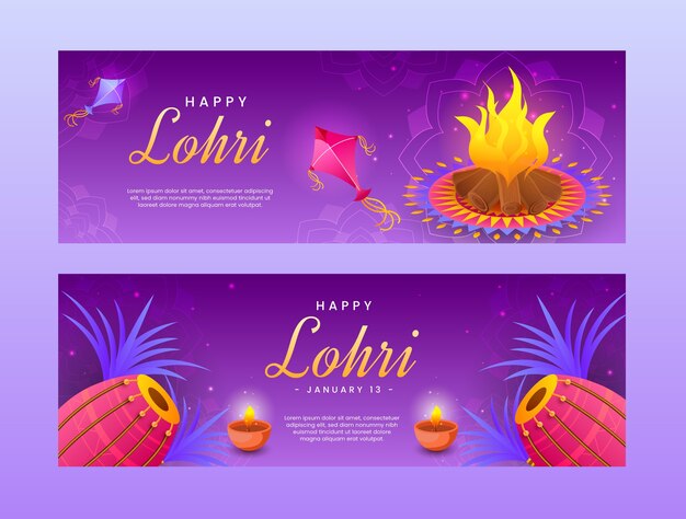 Lohri 축제를 위한 그라데이션 가로 배너 세트