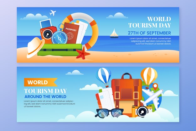 Gradient horizontal banners set for world tourism day celebration