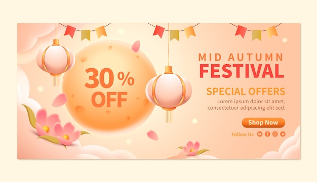 Vettore gratuito modello di banner di vendita orizzontale sfumato per la celebrazione del festival di metà autunno cinese