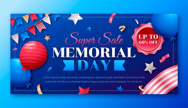 Gradient horizontal sale banner template for memorial day celebration