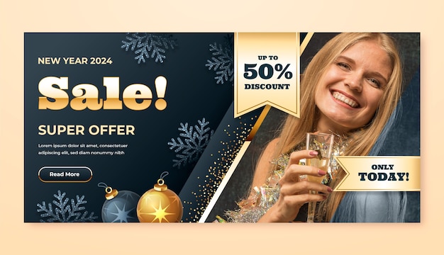 Gradient horizontal sale banner template for new year 2024 celebration