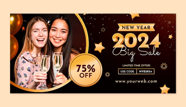 Gradient horizontal sale banner template for new year 2024 celebration