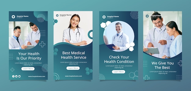 Free vector gradient hospital and healthcare instagram stories collection