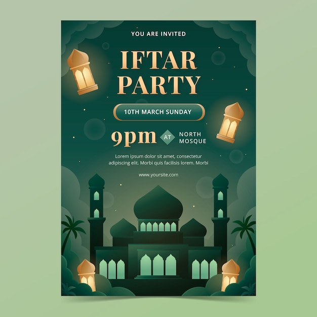 이슬람 라마단 축하를 위한 그라디언트 이프타르 파티 초청 템플릿.