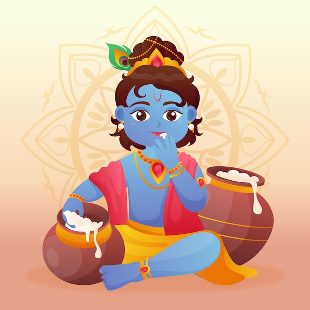 Gradient illustration of baby krishna eating butter